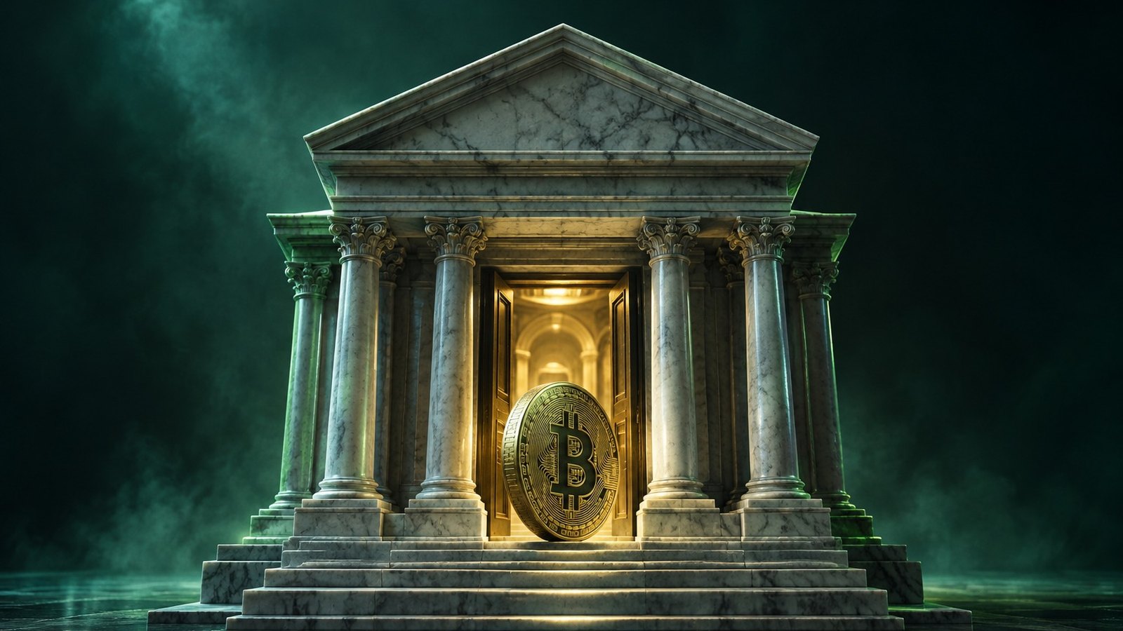 Moneda de bitcoin entrando por la puerta iluminada de un banco de mármol con columnas