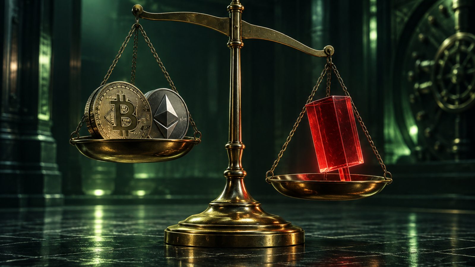 Balanza con monedas de bitcoin y ether frente a una vela roja de pérdidas