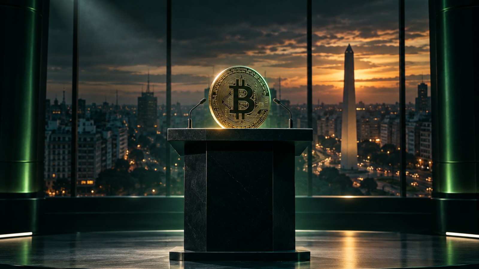 Moneda de bitcoin sobre un atril en un escenario con vista al Obelisco de Buenos Aires