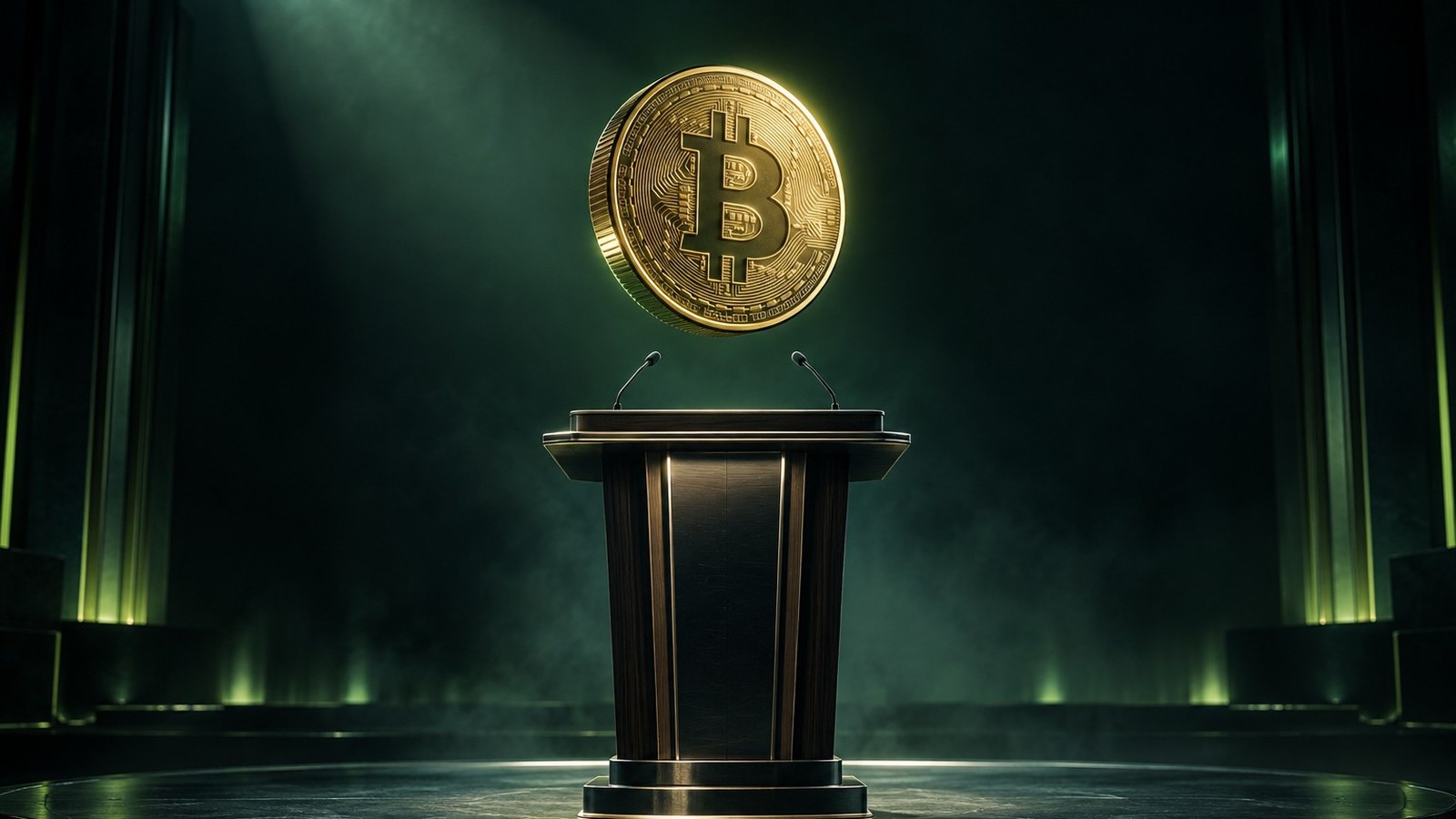 Atril de conferencia vacío en un escenario con una moneda de bitcoin flotando encima