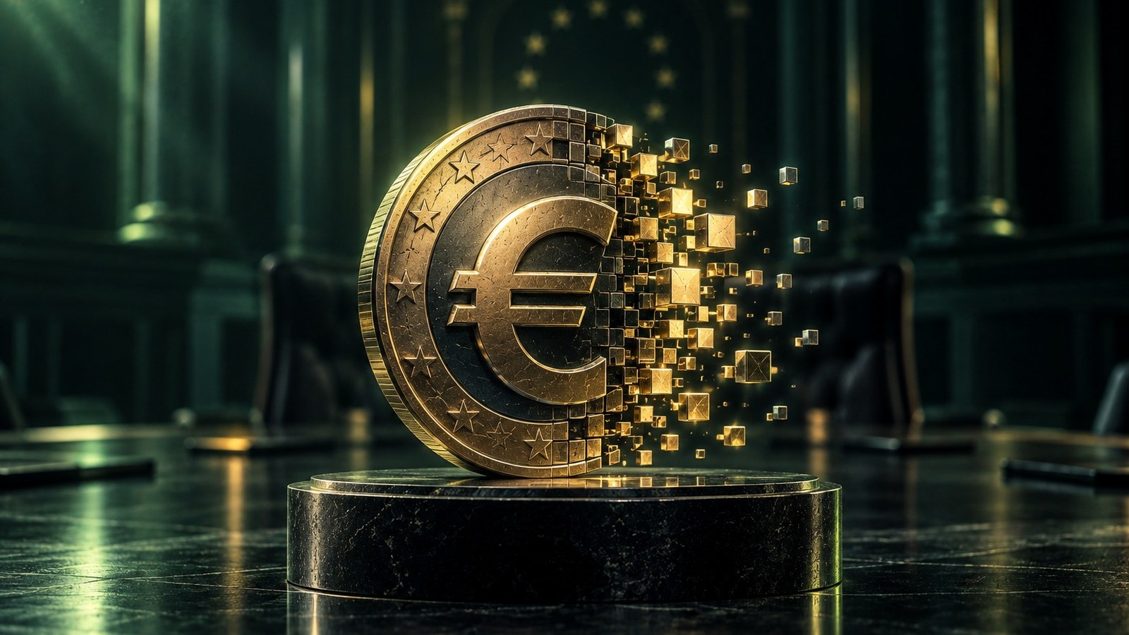 Moneda de euro que se transforma en pequeños cubos metálicos, símbolo del euro digital