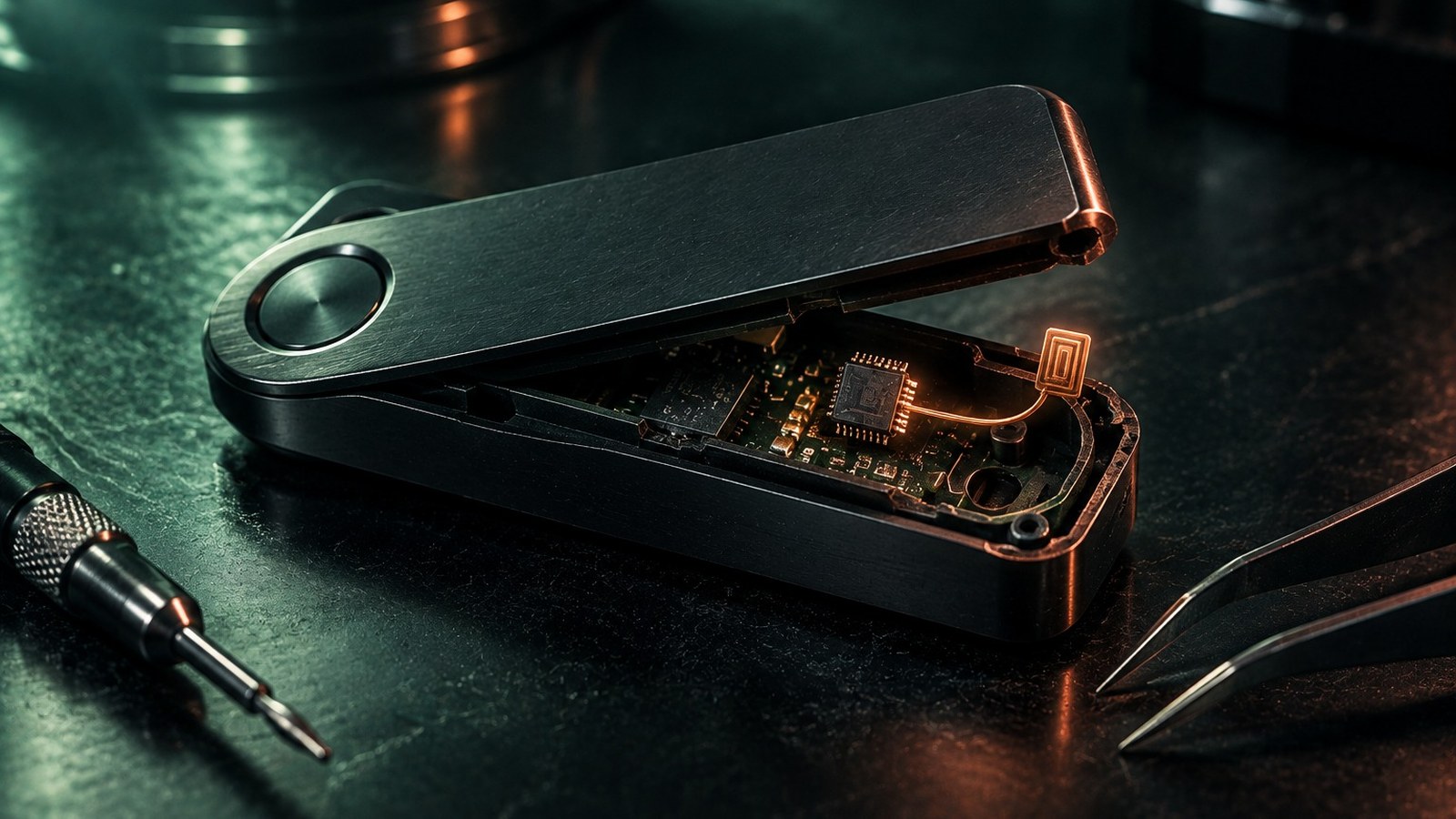 Billetera de hardware abierta con un chip espía y una antena ocultos en su interior