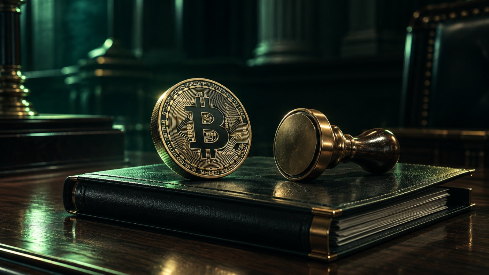 Moneda de bitcoin sobre una carpeta legislativa junto a un sello, símbolo del proyecto de ley de activos virtuales de Ecuador