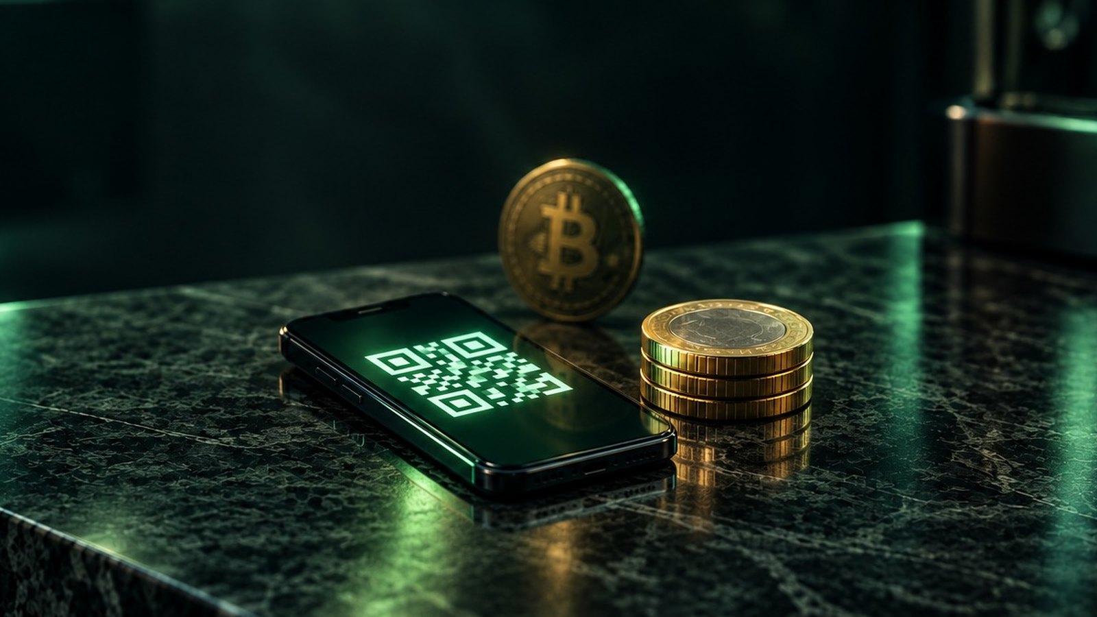 Un celular con un código QR junto a una pila de monedas y una moneda de bitcoin apartada en la sombra, metáfora de la Ley de Economía Digital de México