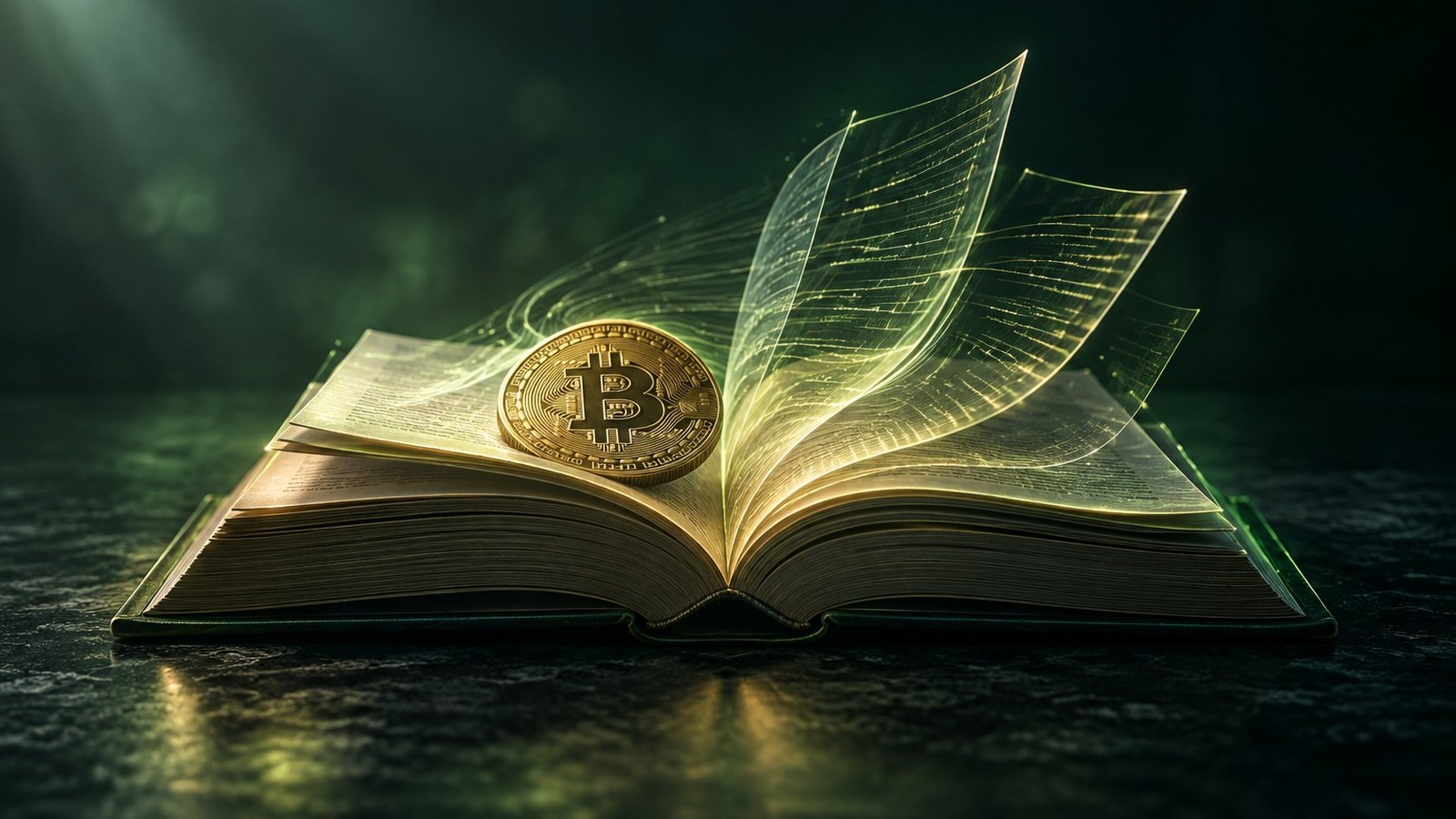 Libro abierto con páginas que se elevan en líneas de luz y una moneda de bitcoin sobre la página