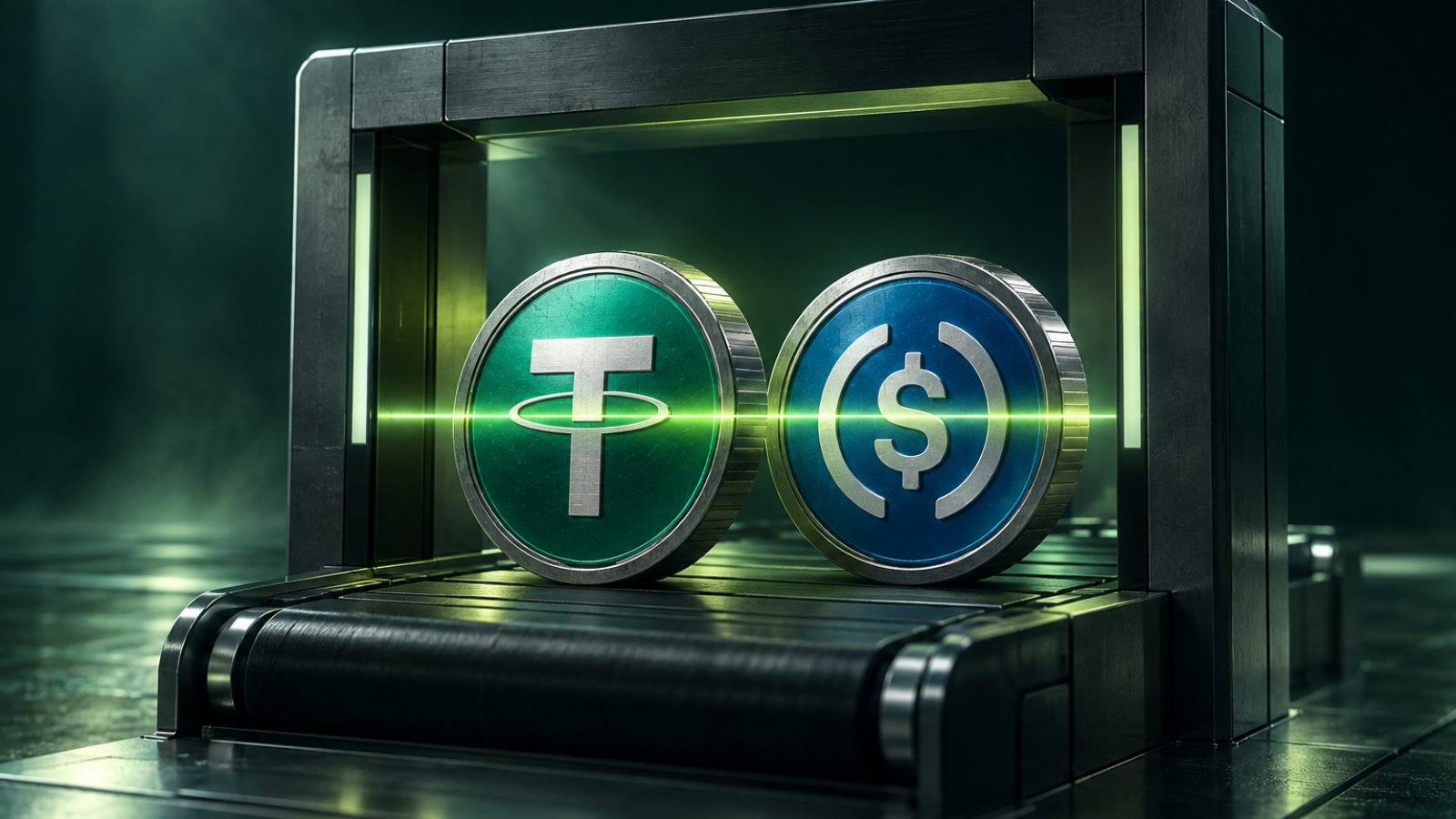 Monedas de USDT y USDC pasando por un escáner de seguridad