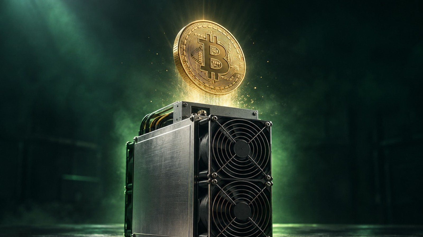 Moneda de bitcoin que salta sobre una máquina de minería ASIC en una sala oscura