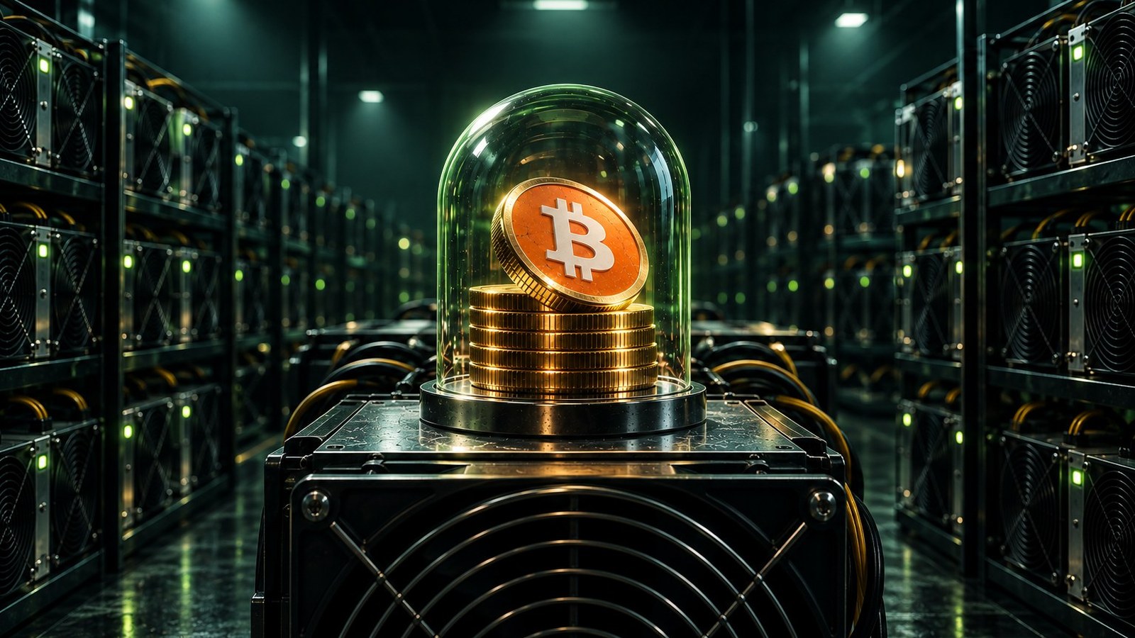 Pila de monedas de bitcoin protegida bajo una campana de vidrio sobre una máquina de minería