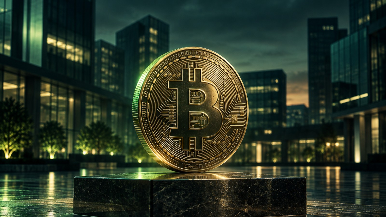 Moneda de bitcoin sobre un pedestal de piedra en una plaza moderna al anochecer