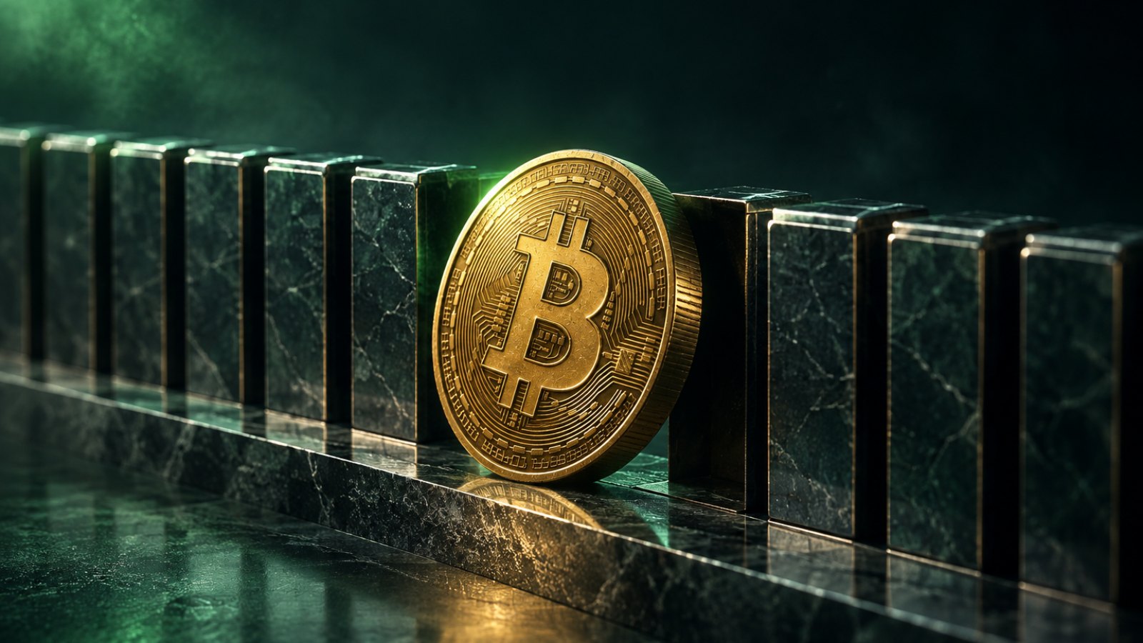Moneda de bitcoin que se sale de una fila de bloques de piedra, como una acción que deja un índice