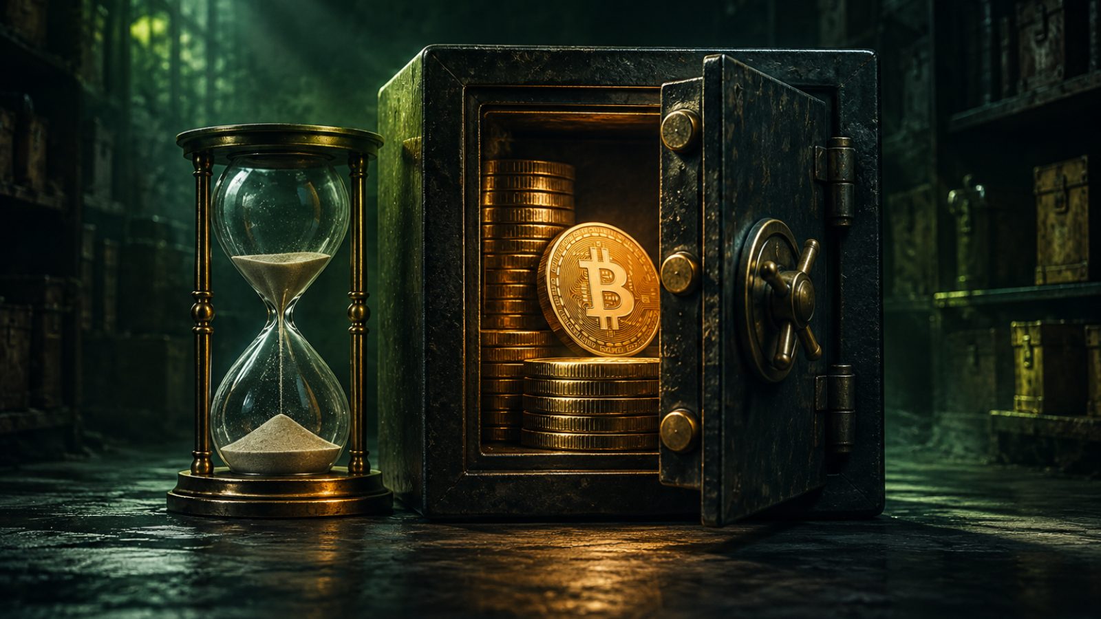 Caja fuerte antigua con monedas de bitcoin junto a un reloj de arena