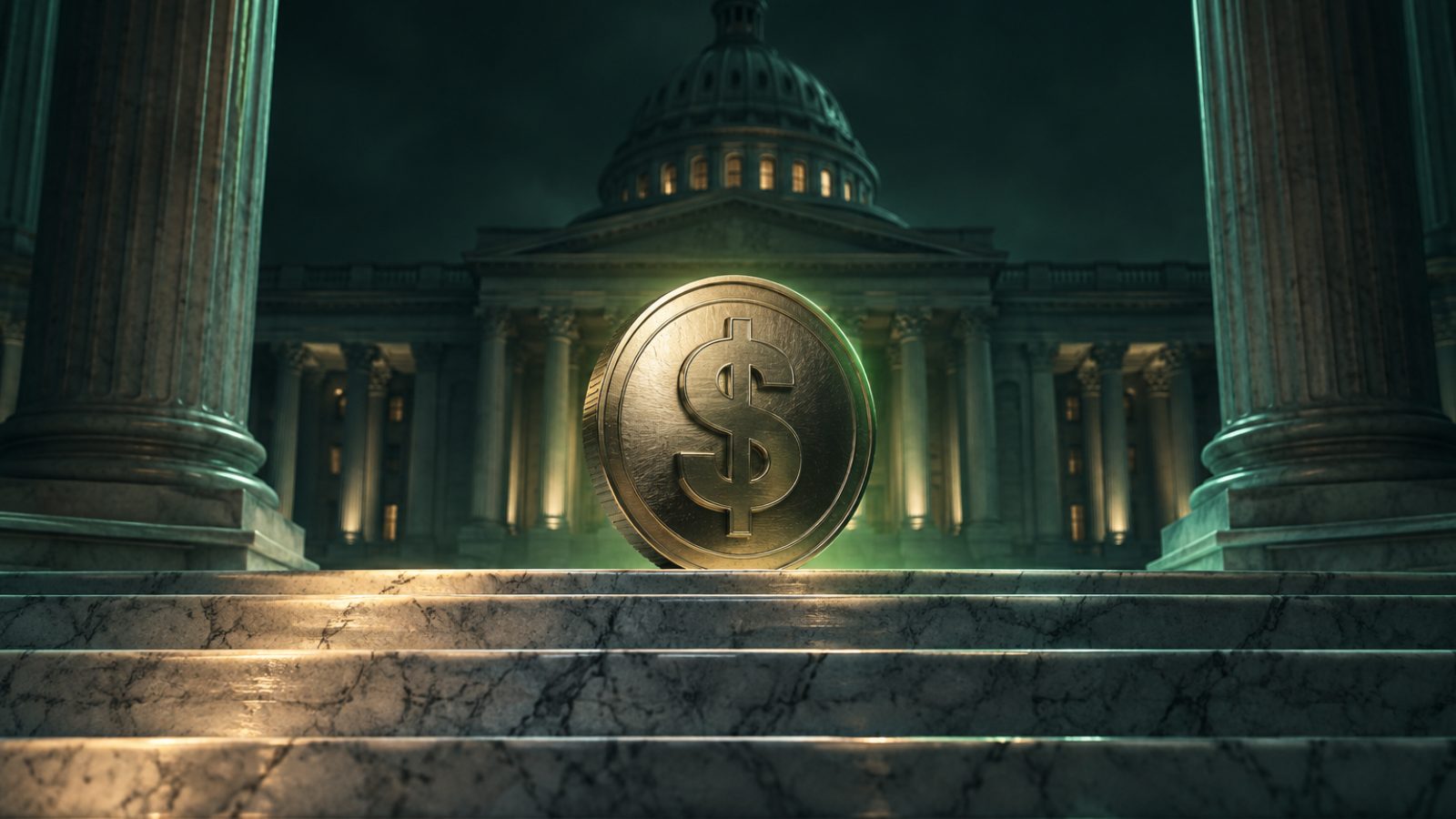 Moneda con el símbolo del dólar en las escaleras de un edificio de gobierno: la OCC publica la primera norma final de la Ley GENIUS