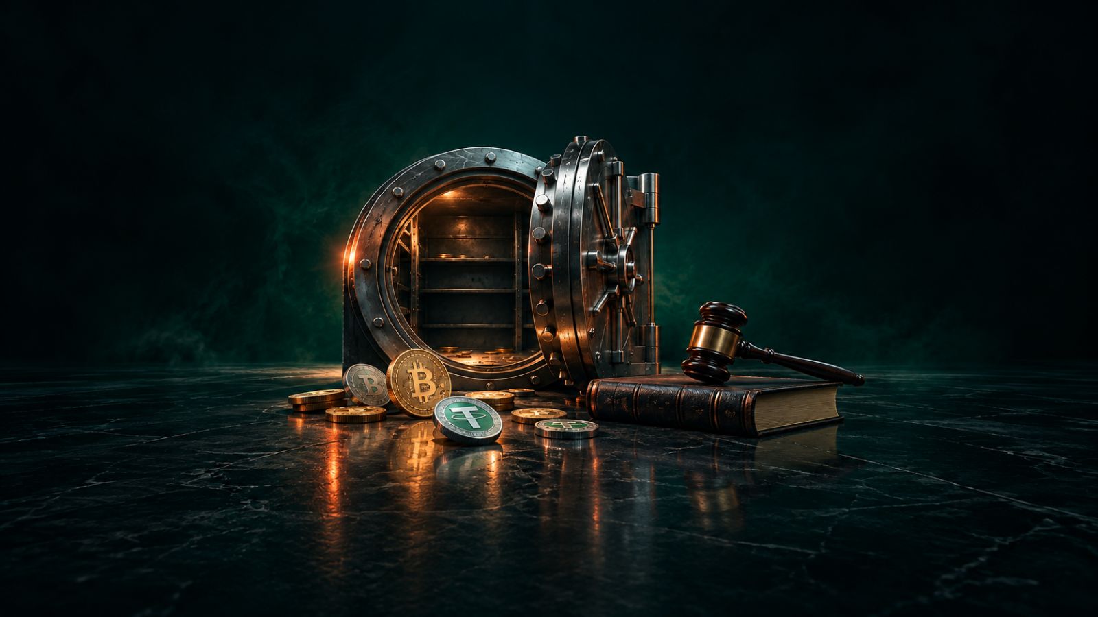 Bóveda de acero abierta y casi vacía, con monedas de bitcoin y USDT en el suelo y un mazo judicial sobre un libro contable