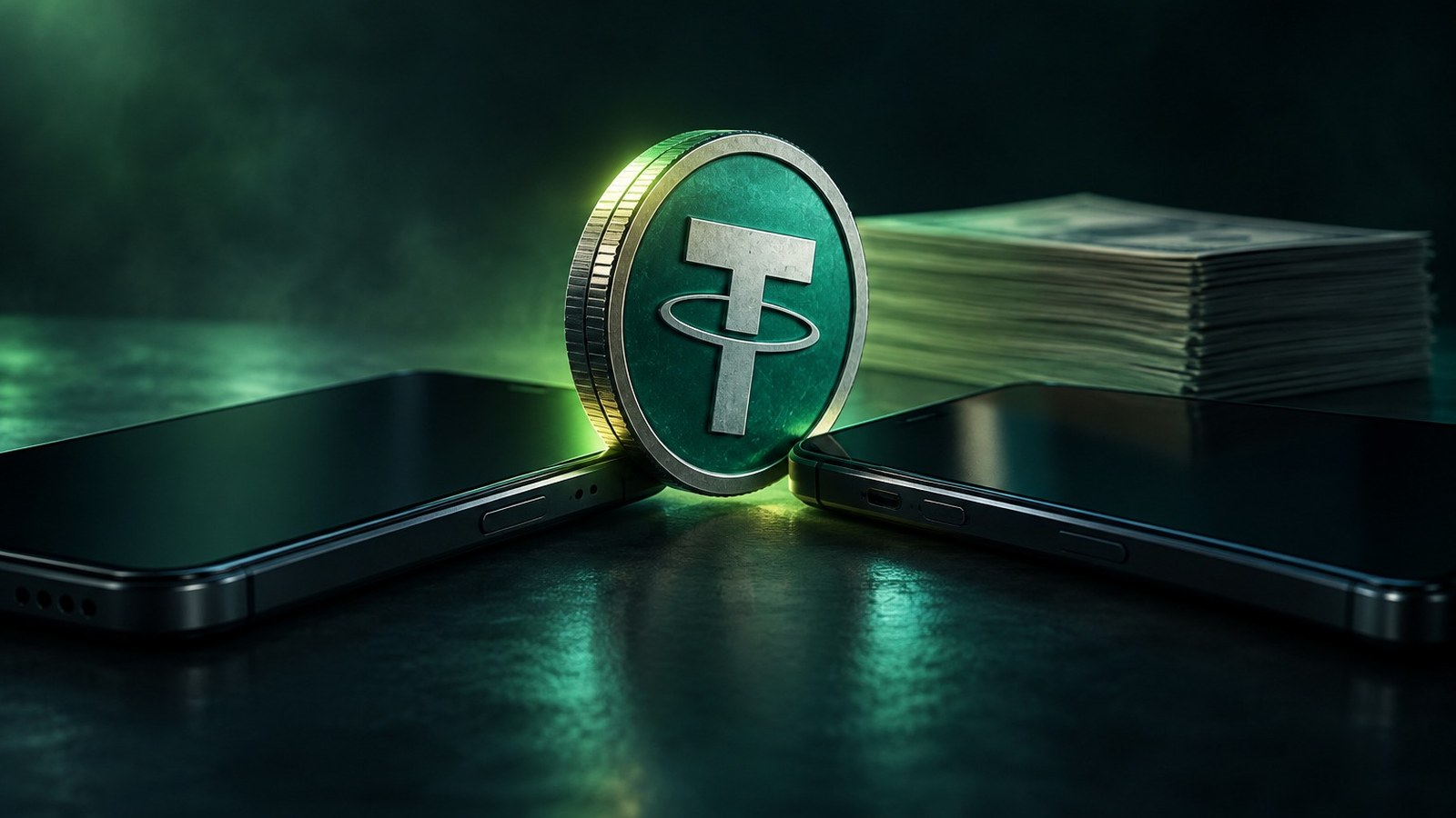 Moneda de USDT de pie entre dos celulares, con una pila de billetes detrás