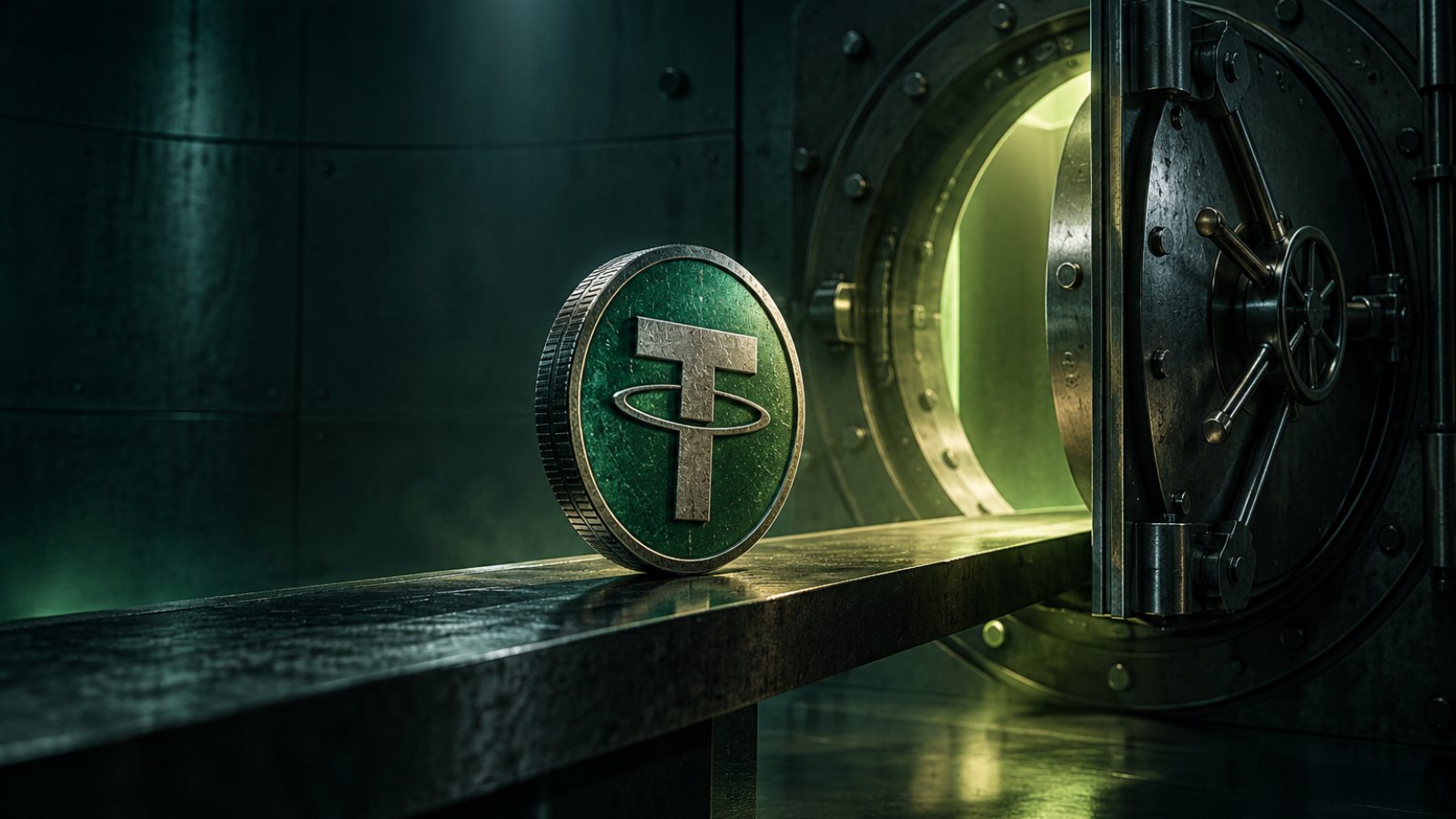 Moneda de Tether que rueda por un puente de acero hacia la puerta abierta de una bóveda bancaria, símbolo de los pagos P2P que llegan a la cuenta