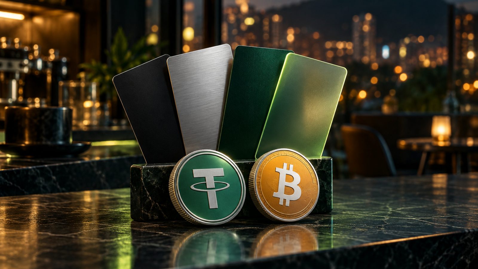 Tarjetas cripto y monedas de USDT y bitcoin sobre una mesa: cómo pagar con USDT en Colombia