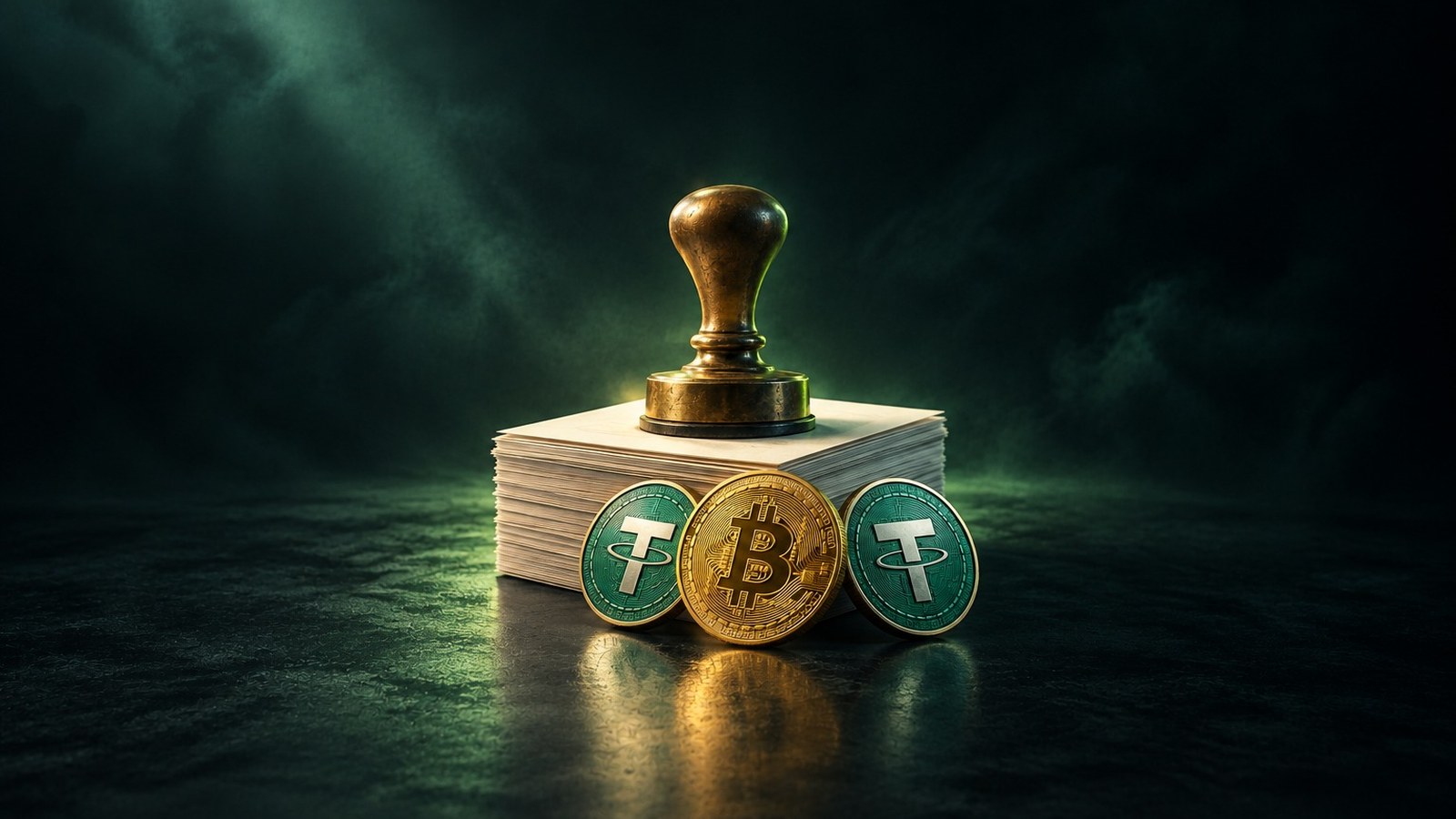 Un sello oficial de latón sobre una pila de formularios en blanco, con monedas de bitcoin y USDT apoyadas