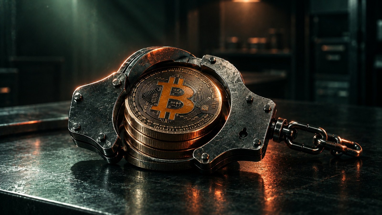 Esposas de acero cerradas alrededor de una pila de monedas de bitcoin sobre una mesa de evidencias