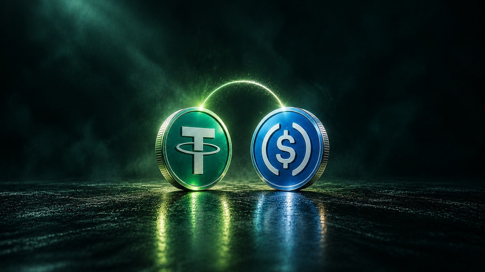 Moneda de Tether y moneda de USDC unidas por un arco de luz que representa la conversión