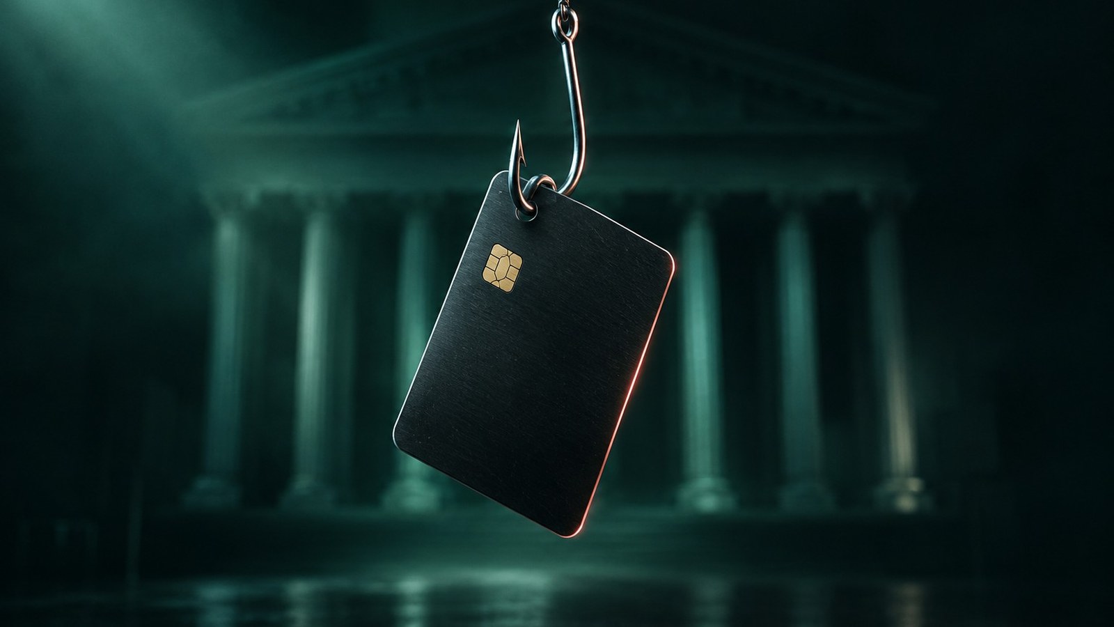 Tarjeta bancaria colgada de un anzuelo frente a las columnas de un tribunal