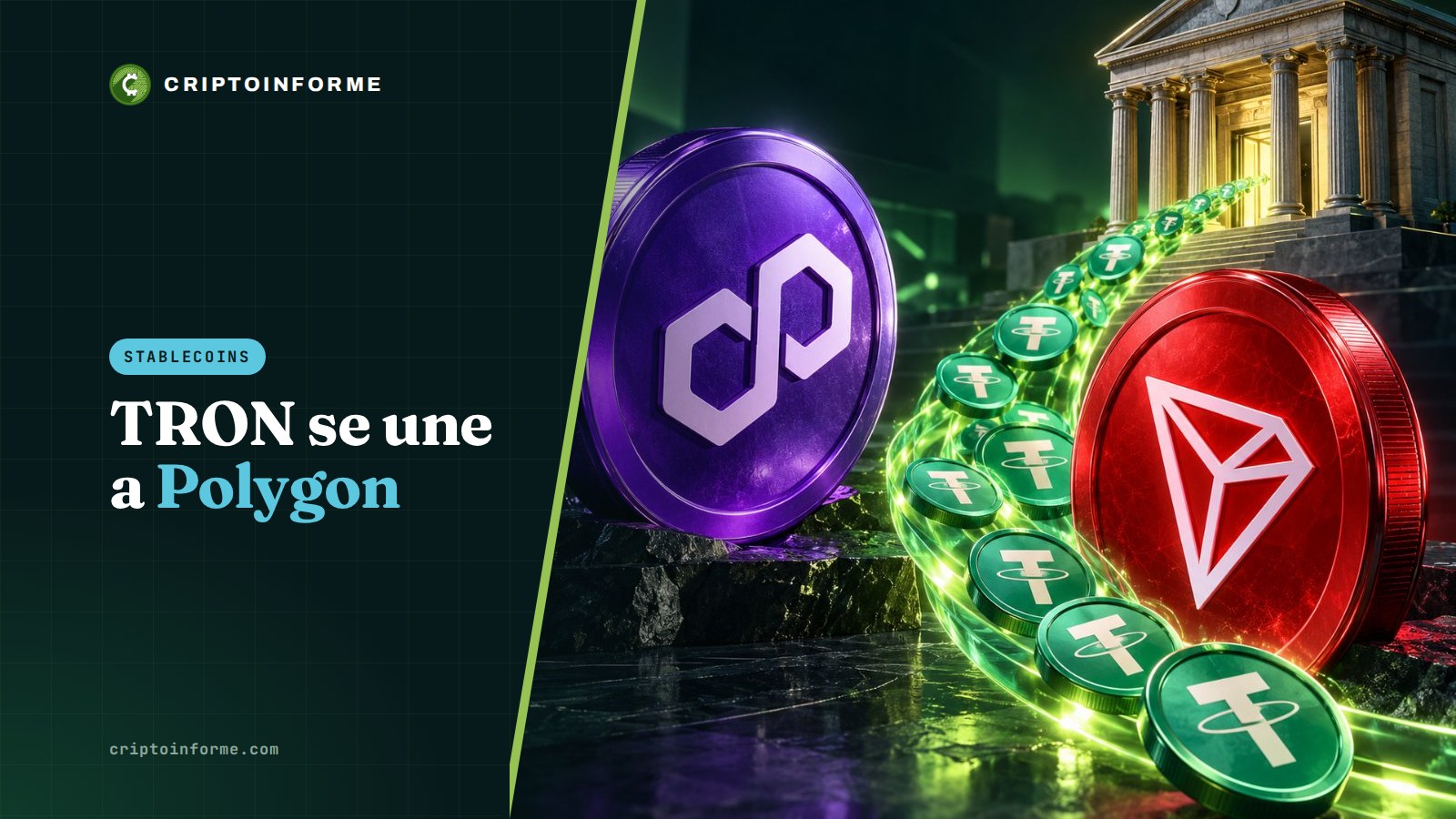Fichas de Polygon y TRON unidas por un puente de monedas USDT que llega a un banco