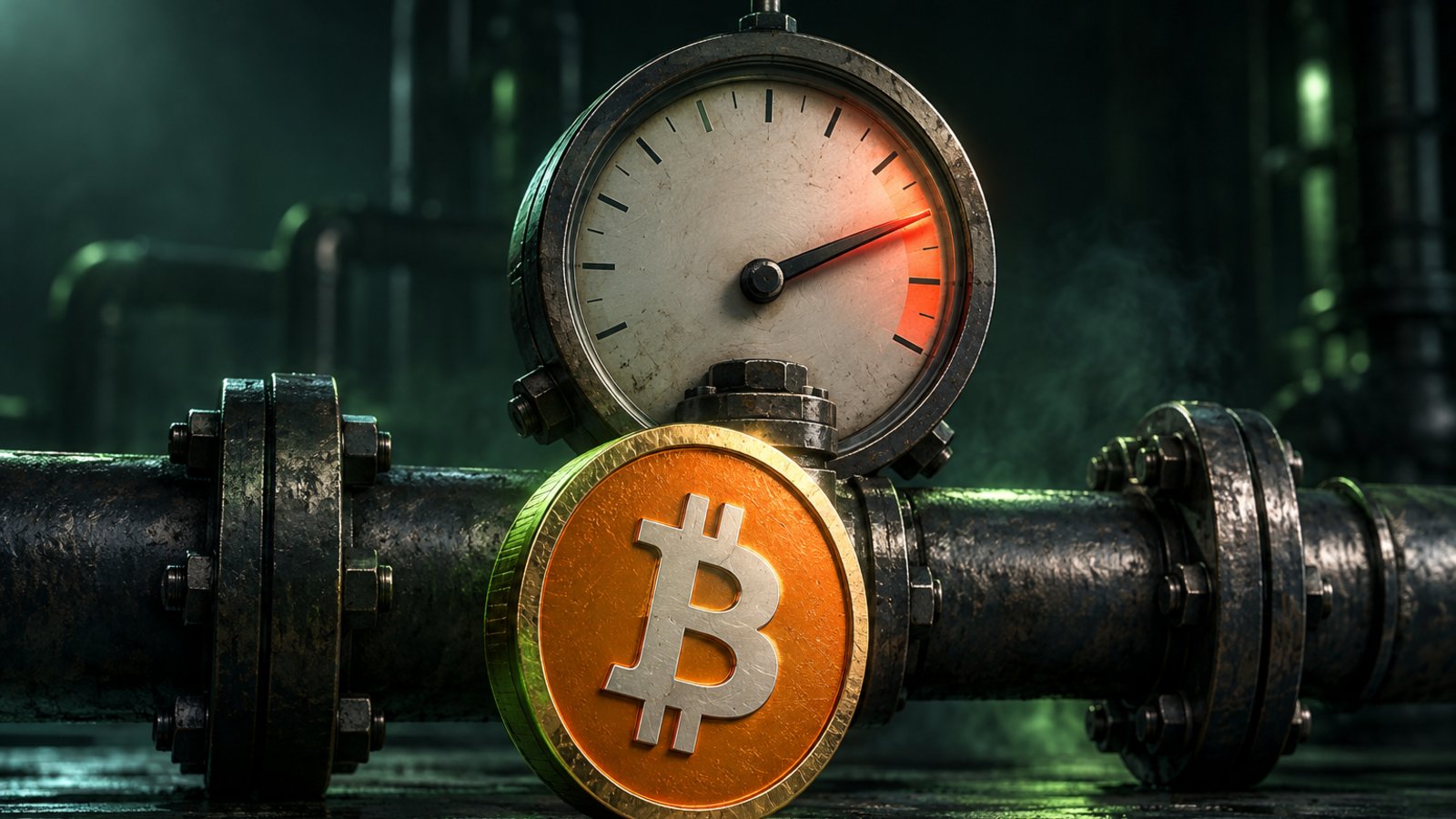 Manómetro industrial con la aguja en la zona roja junto a una moneda de bitcoin