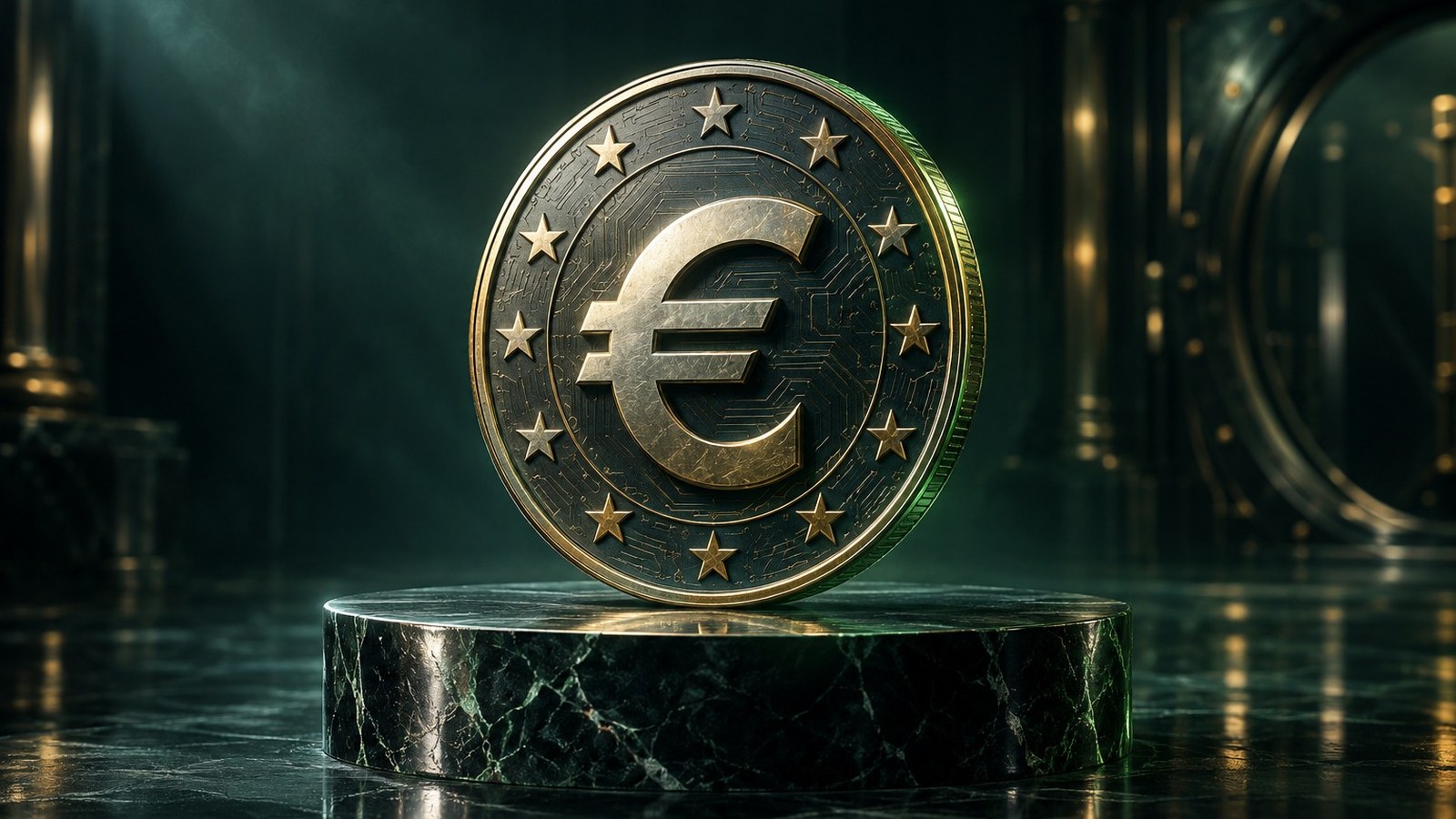 Una moneda metálica con el símbolo del euro y doce estrellas sobre un pedestal de mármol, con la puerta de una bóveda al fondo
