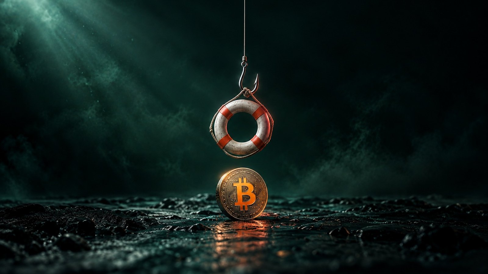 Un salvavidas colgado de un anzuelo de pesca sobre una moneda de bitcoin, metáfora de la falsa ayuda para recuperar criptomonedas