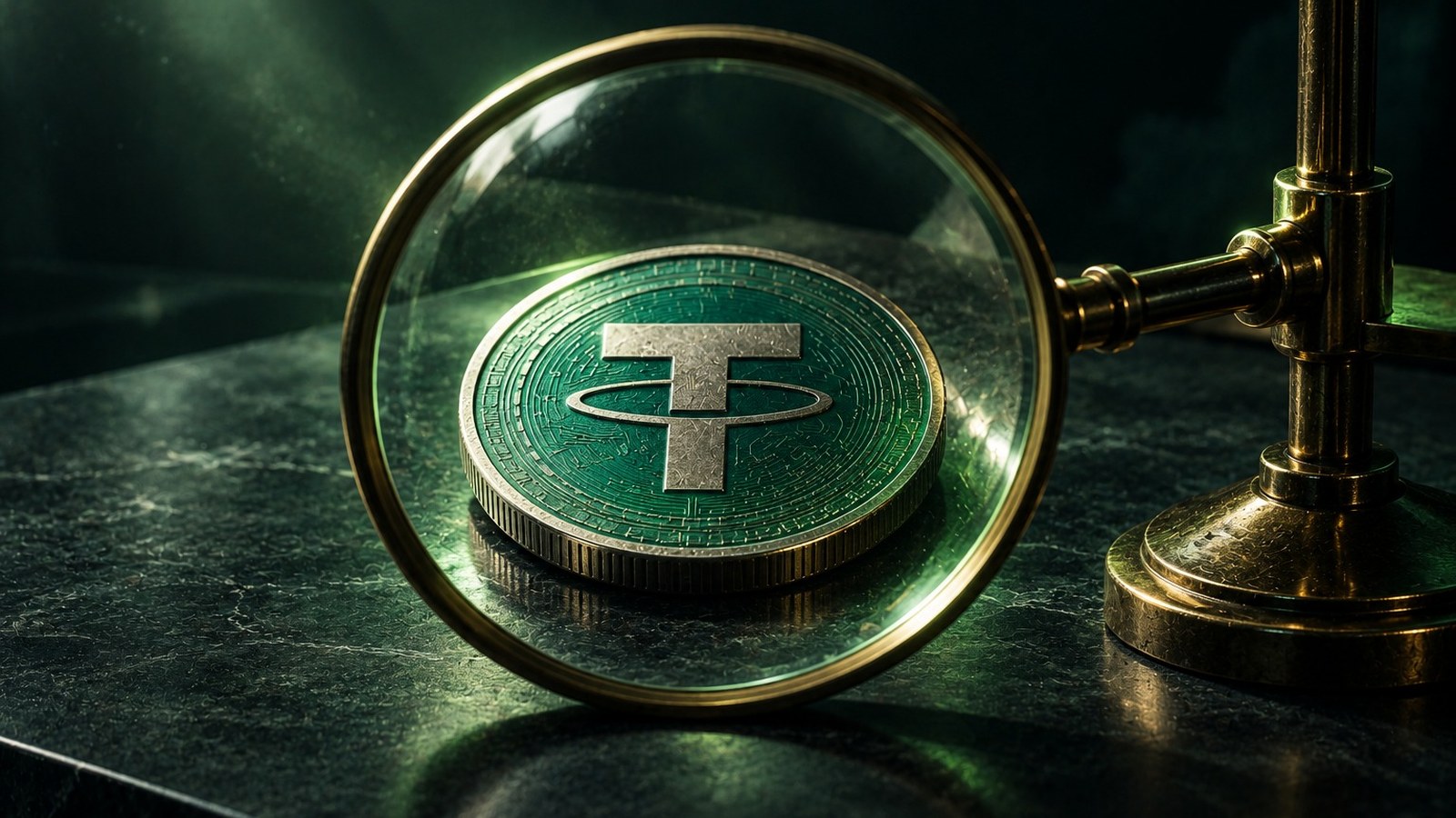 Moneda de USDT bajo una lupa de bronce, símbolo del registro contable de operaciones con bolívares