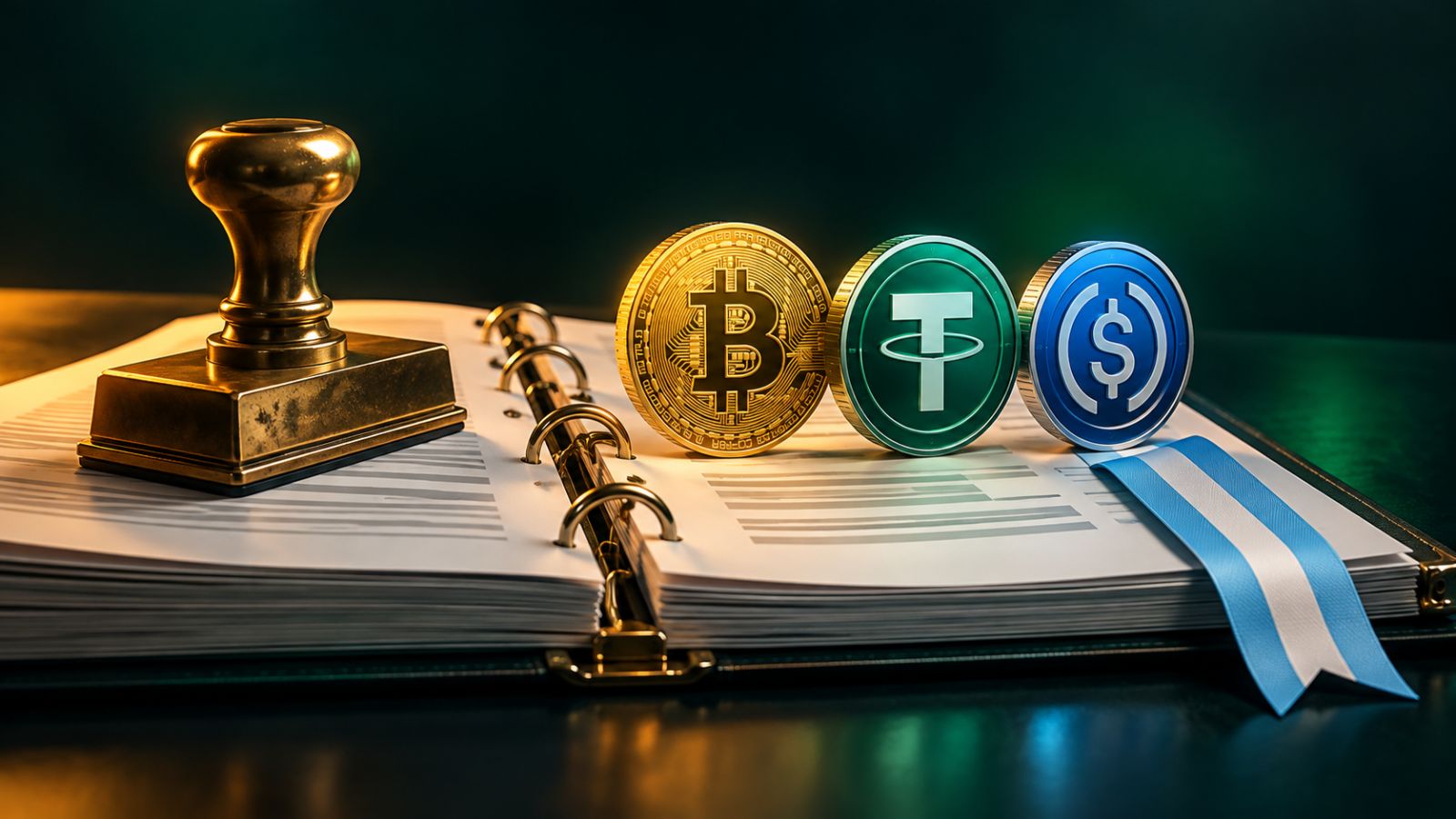 Archivador de normas con un sello de bronce y monedas de bitcoin, USDT y USDC sobre sus páginas, con una cinta celeste y blanca