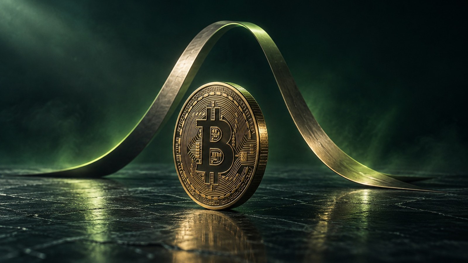 Moneda de bitcoin de canto frente a una cinta metálica que sube y vuelve a bajar