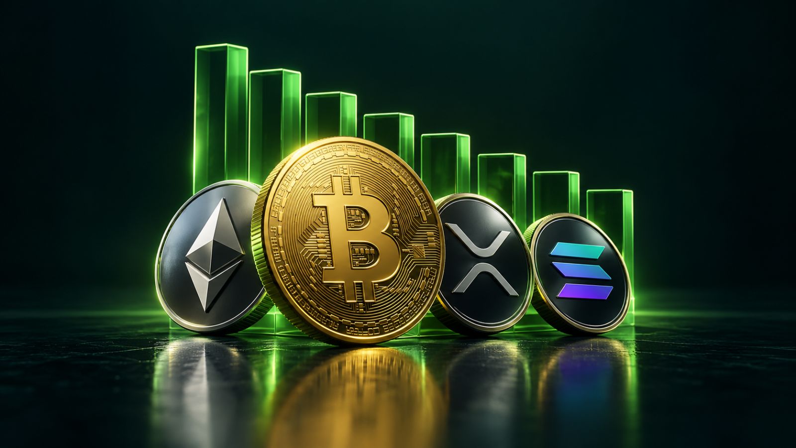 Moneda de bitcoin junto a monedas de ether, XRP y Solana frente a barras verdes que bajan