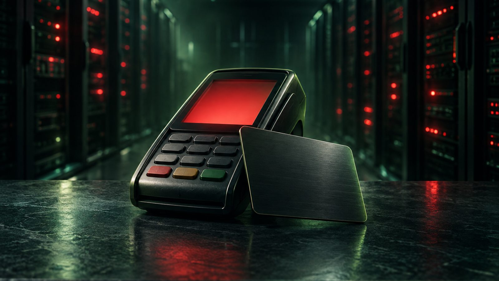 Datáfono con la pantalla en rojo y una tarjeta frente a servidores con luces rojas