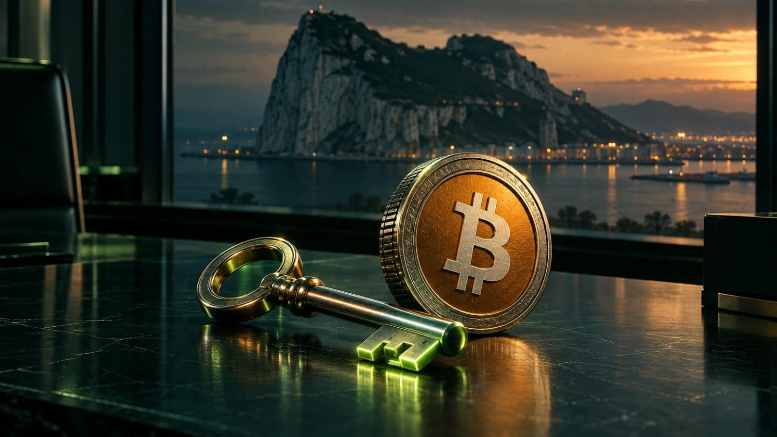 Llave de metal y moneda de bitcoin frente al Peñón de Gibraltar al atardecer