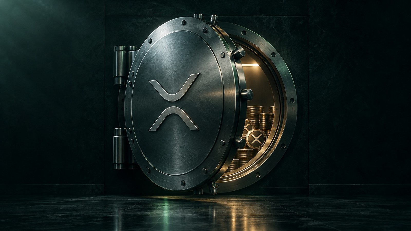 Puerta de bóveda bancaria con el logo de XRP entreabierta, con monedas apiladas en su interior