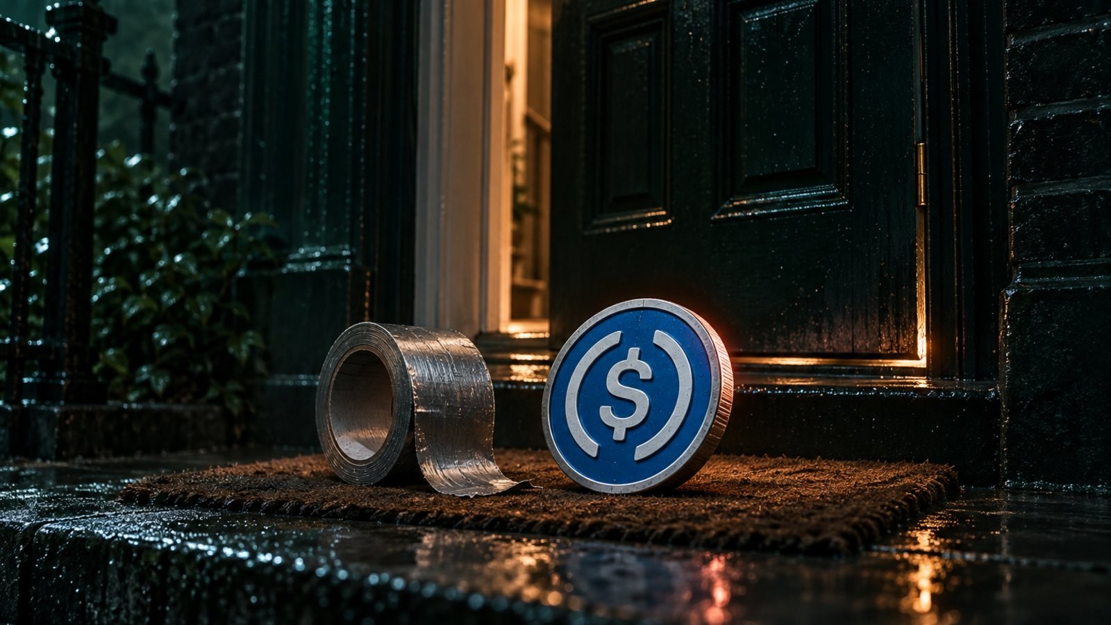 Puerta de una casa británica entreabierta de noche con un rollo de cinta y una moneda de USDC en el felpudo