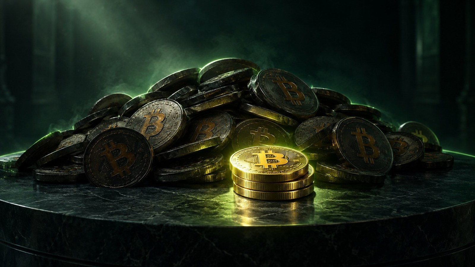 Montón de bitcoins inactivos y opacos junto a una pequeña pila de bitcoins iluminada