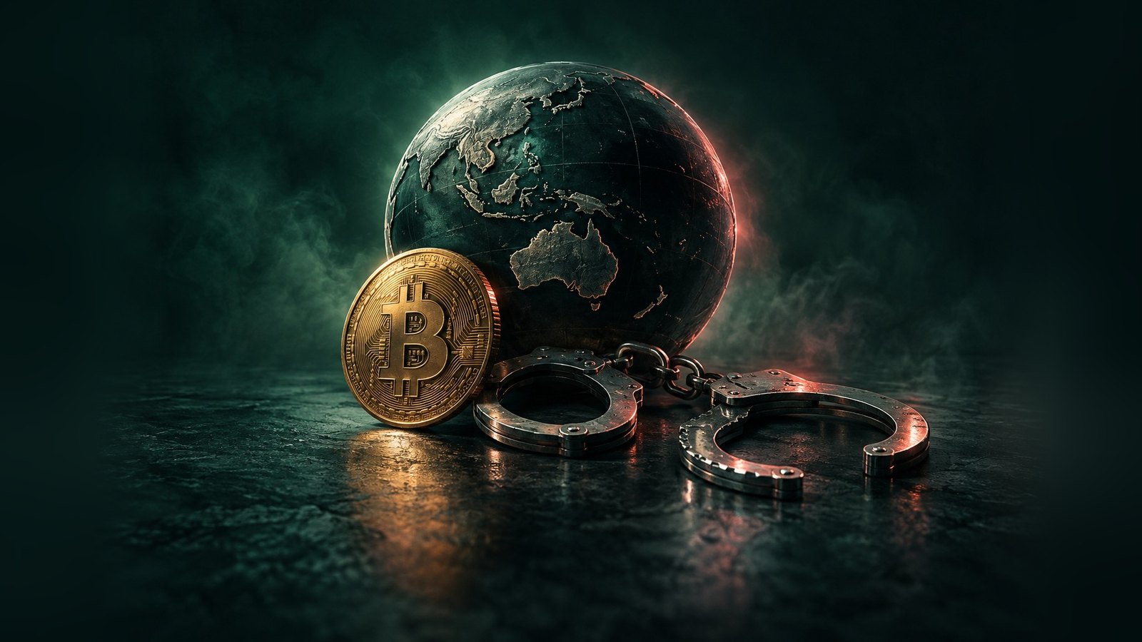 Un globo terráqueo oscuro, una moneda de bitcoin y unas esposas sobre una superficie de piedra
