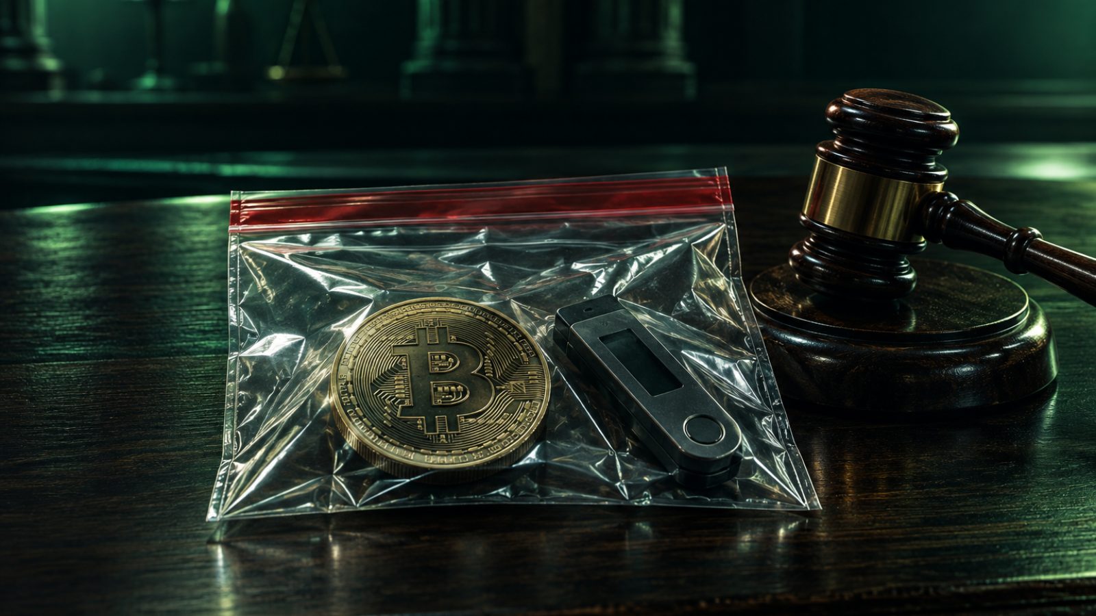 Bolsa de evidencia con una moneda cripto y una billetera física junto a un mazo de juez: Santa Fe secuestra criptomonedas