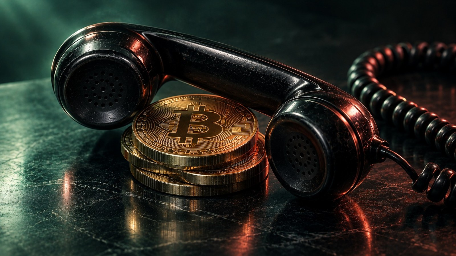 Auricular de teléfono descolgado sobre una pila de monedas de bitcoin, símbolo de la estafa del falso soporte