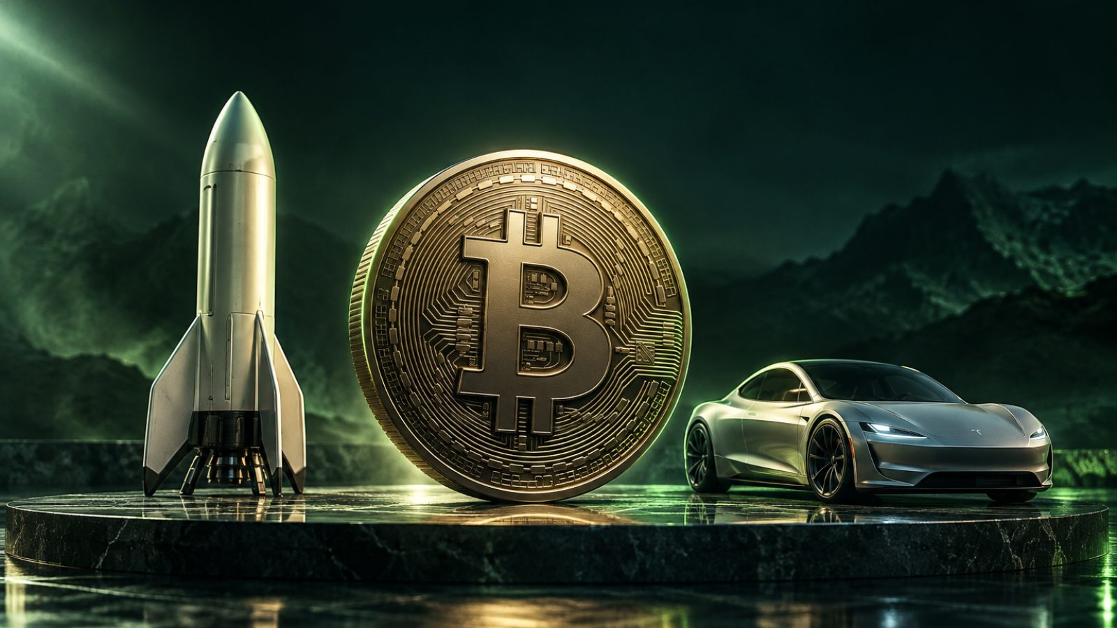 Moneda de bitcoin entre un cohete y un auto eléctrico a escala: SpaceX y Tesla estudian fusionarse