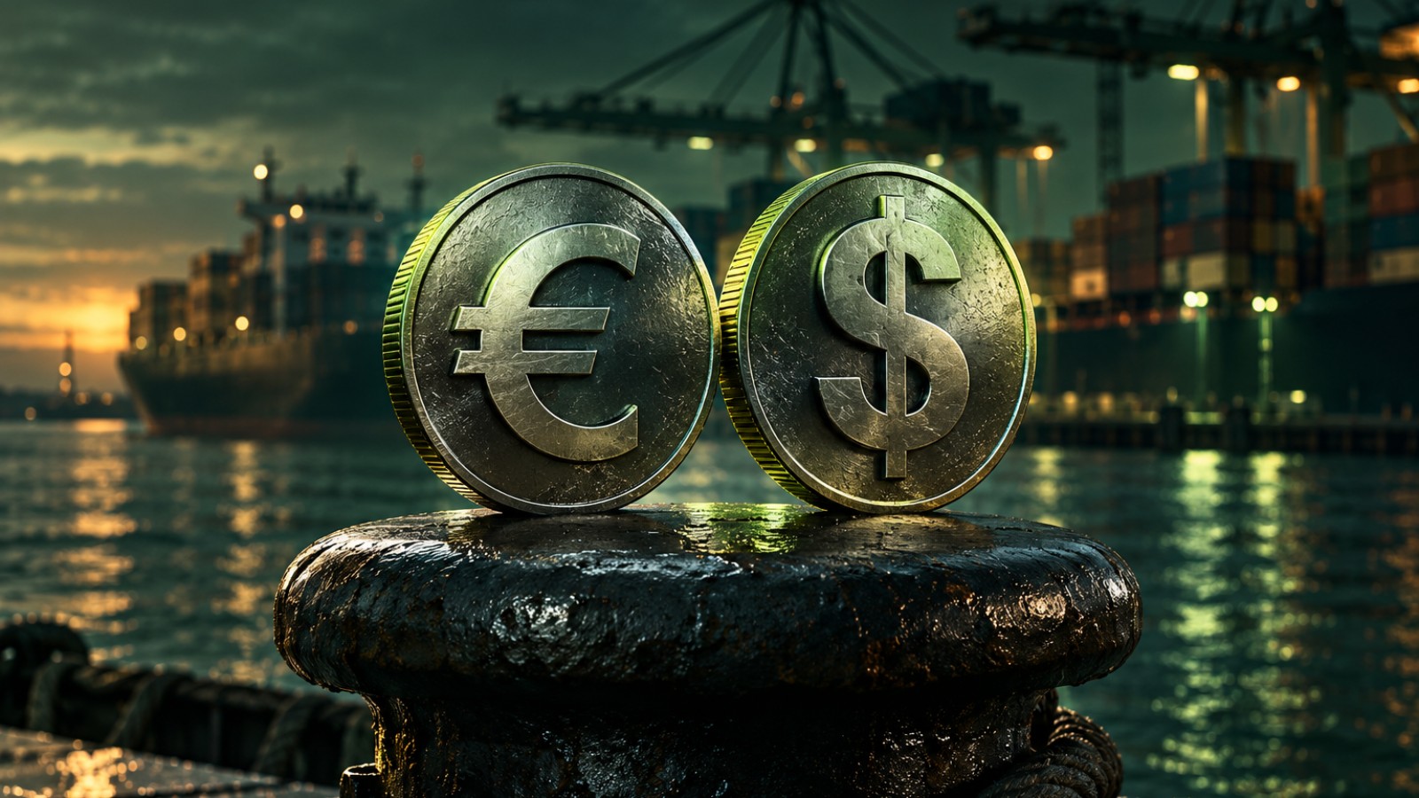 Monedas con los signos del euro y del dólar sobre un bolardo en un puerto de contenedores