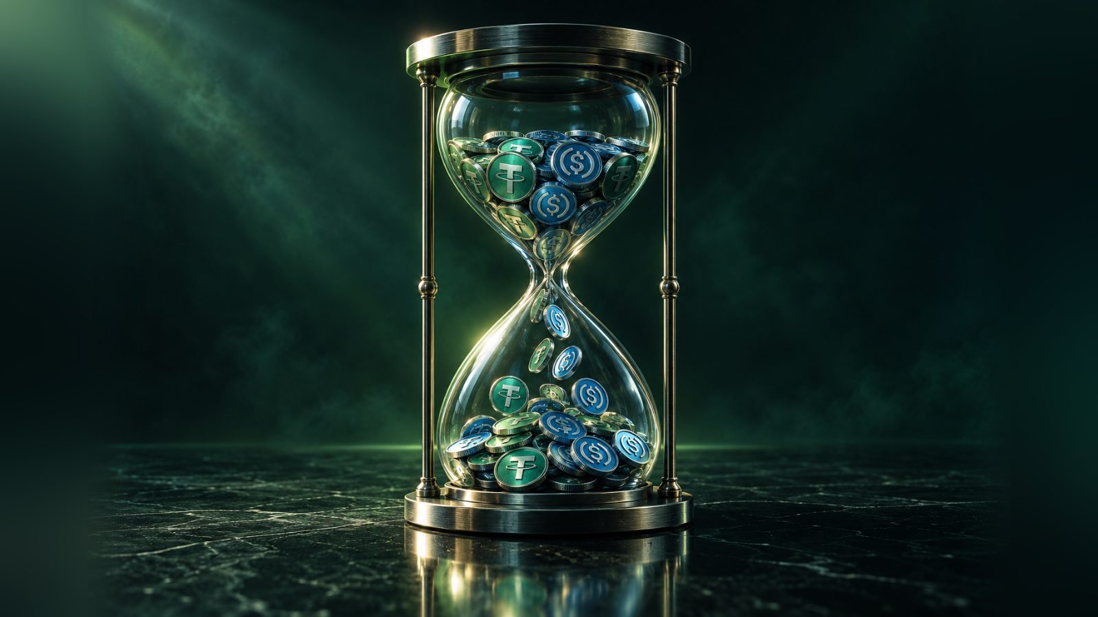Reloj de arena lleno de monedas de USDT y USDC: las stablecoins mueven más de 400 millones de dólares por hora