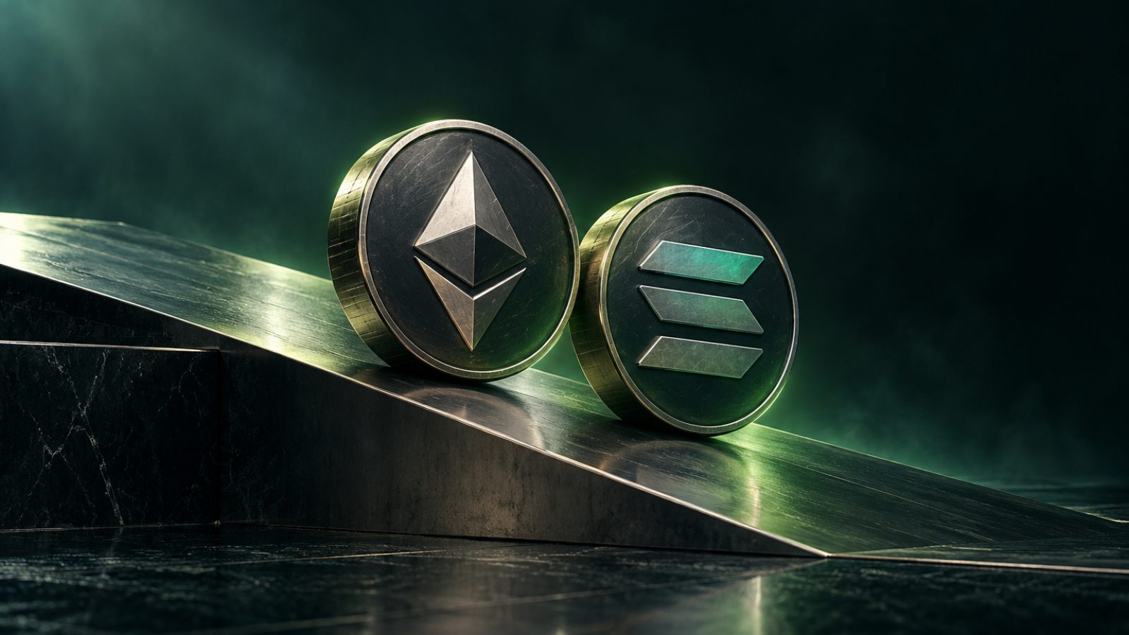 Monedas de Ethereum y Solana sobre una rampa descendente: caen los rendimientos del staking
