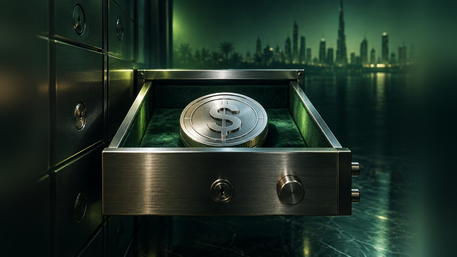 Una moneda plateada con el signo del dólar dentro de un cajón de caja de seguridad, con el horizonte de Dubái al fondo