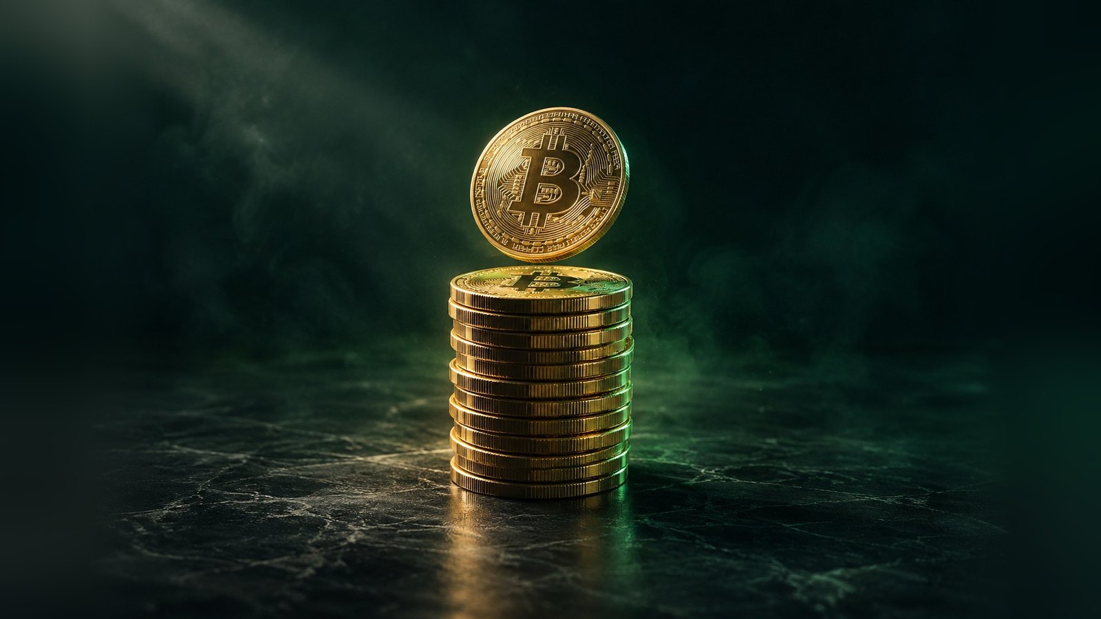 Una moneda de bitcoin sobre una pila de monedas doradas en una superficie de mármol oscuro