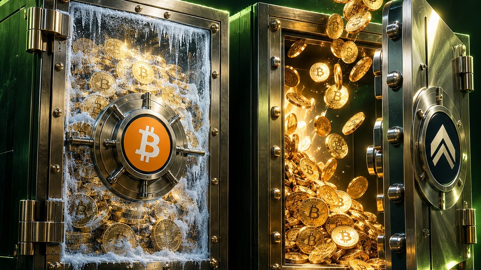 Bóveda congelada con bitcoins de Strategy junto a una bóveda abierta de Strive que recibe bitcoins