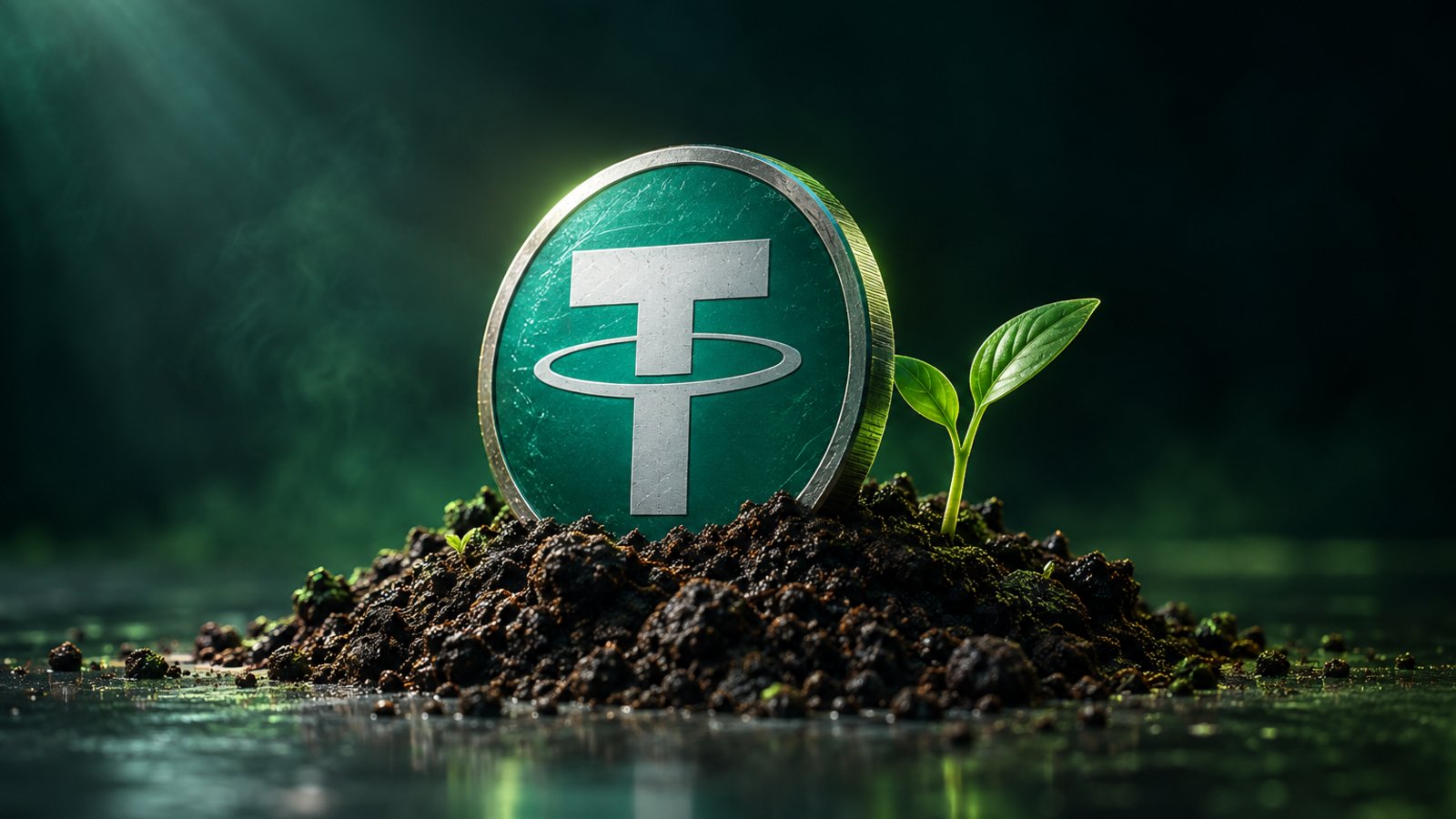 Moneda de USDT semienterrada en tierra junto a un brote verde