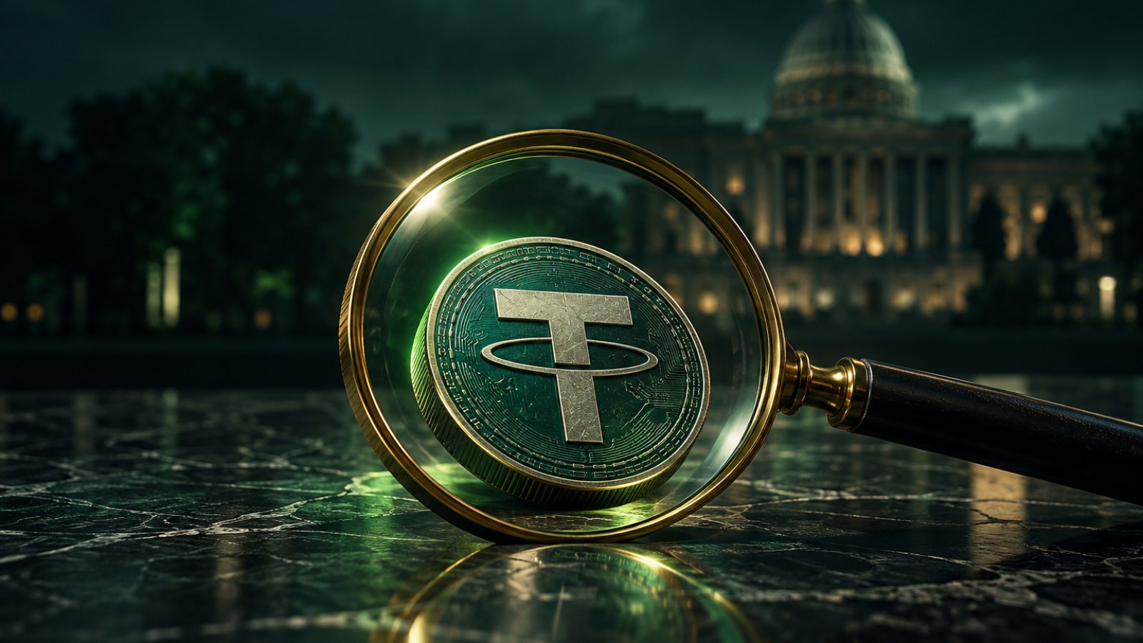 Moneda de Tether bajo una lupa con el Capitolio de EE. UU. al fondo, símbolo de la investigación del Senado