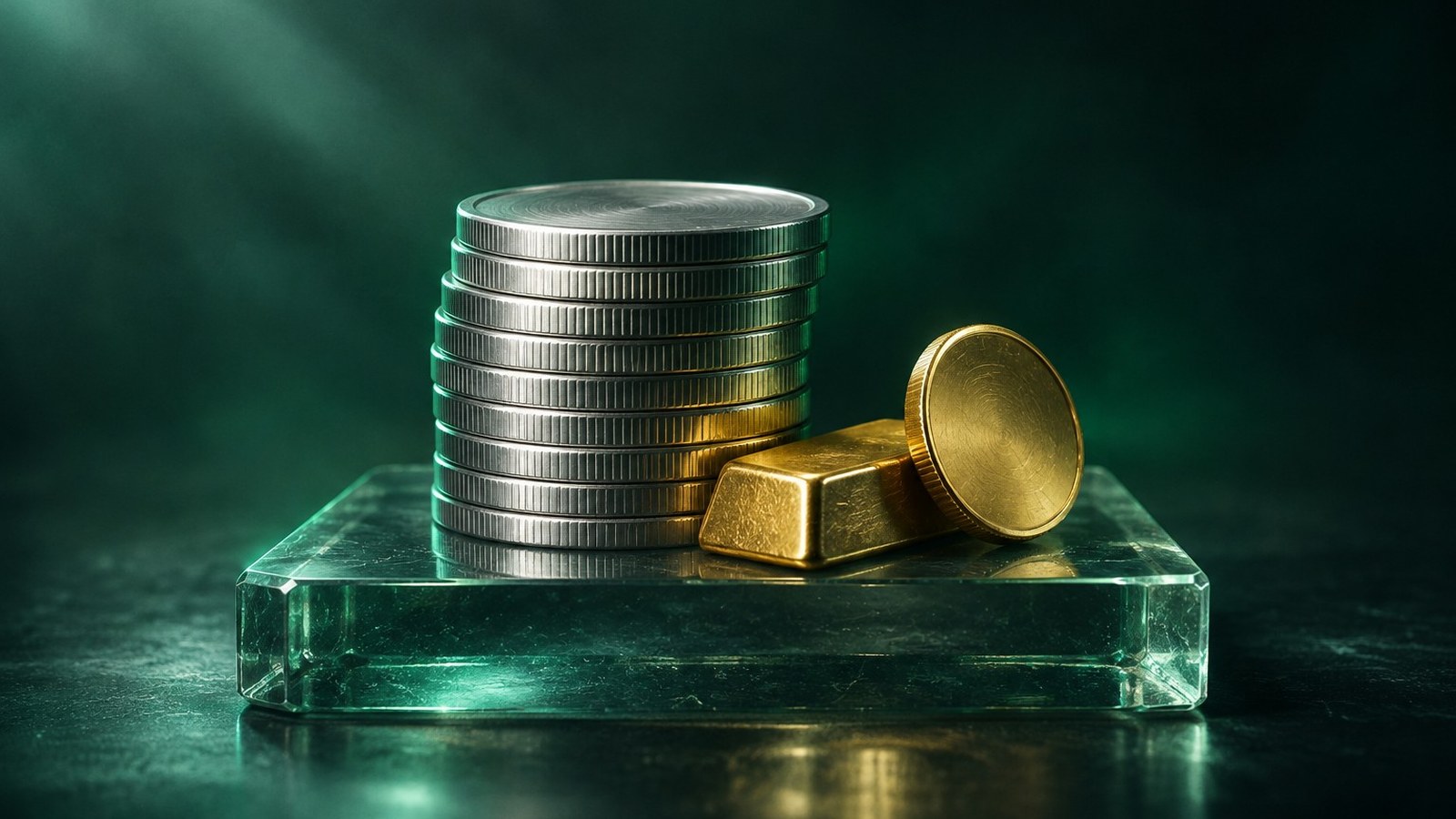 Pila de monedas plateadas con un lingote y una moneda de oro sobre un bloque de vidrio